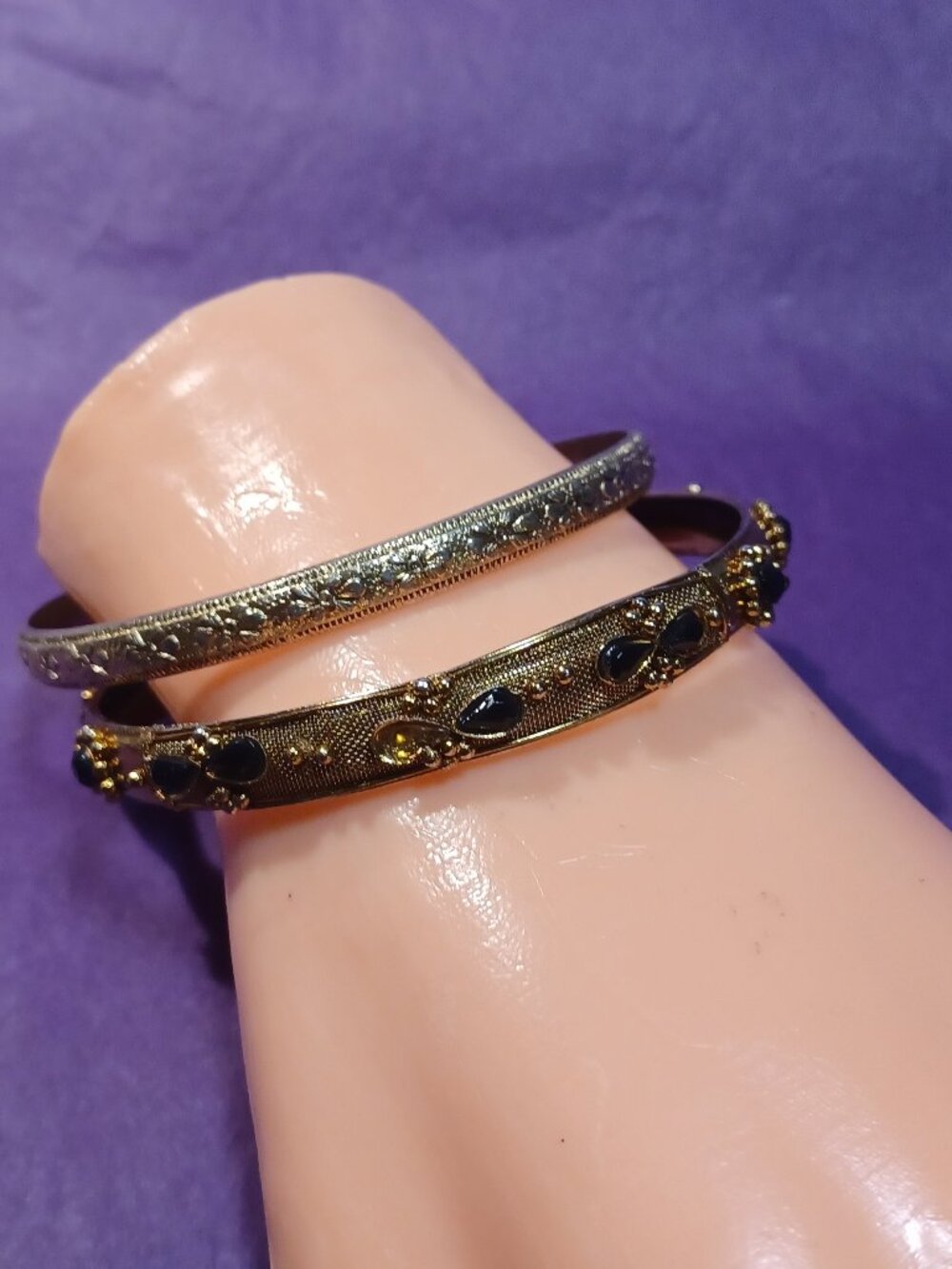 Gold Bangle Bracelet Set - Floral Textured Bangle & Brown Stone Mesh Bangle